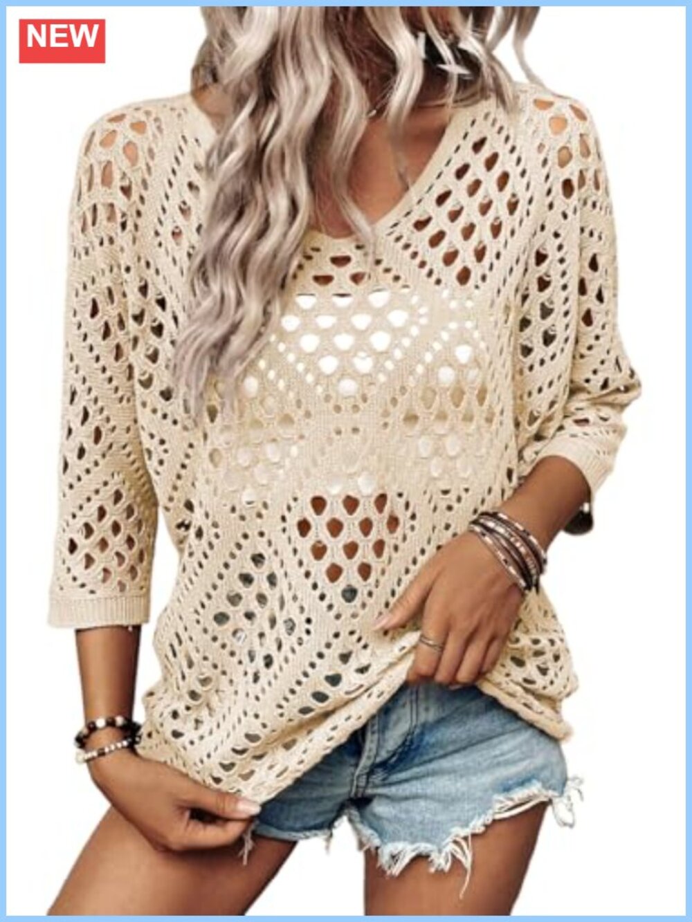 Womens Crochet Hollow Out Sweater 3/4 Sleeve V Neck Pullover Beach Cover Up
